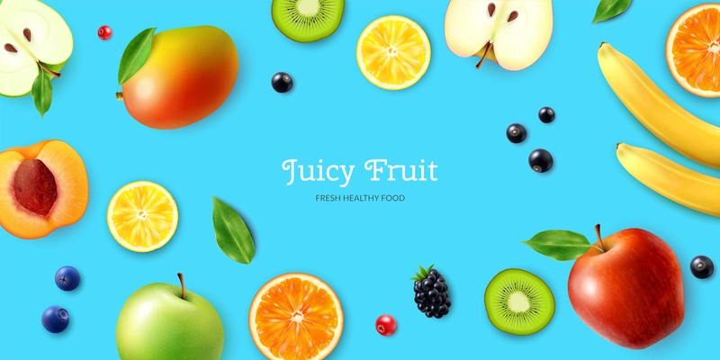 Juicy fruits and berries horizontal poster with lemon orange blueberry banana apple currant on bright blue background realistic vector illustration