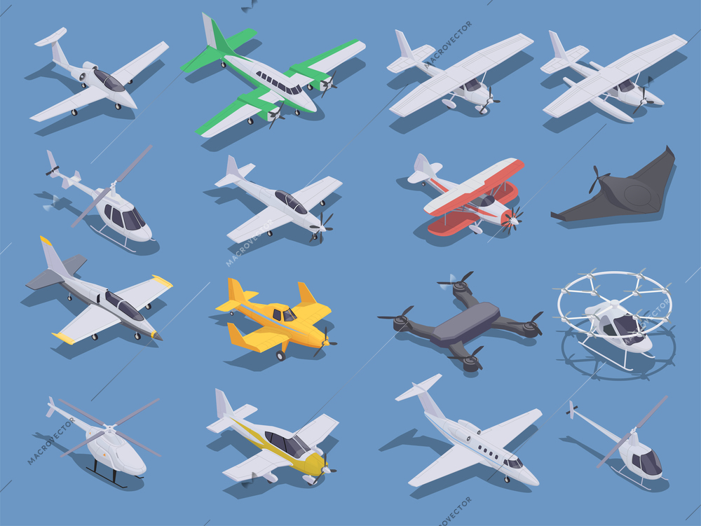 Air transport isometric icons set with small planes helicopters and drones isolated on blue background 3d vector illustration