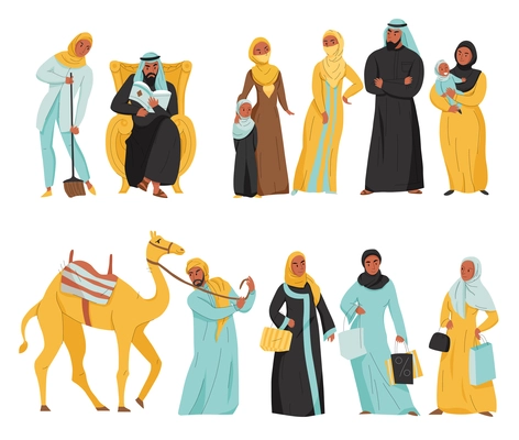 Flat and isolated arabs icon set women in hijab and arabic men with camel vector illustration