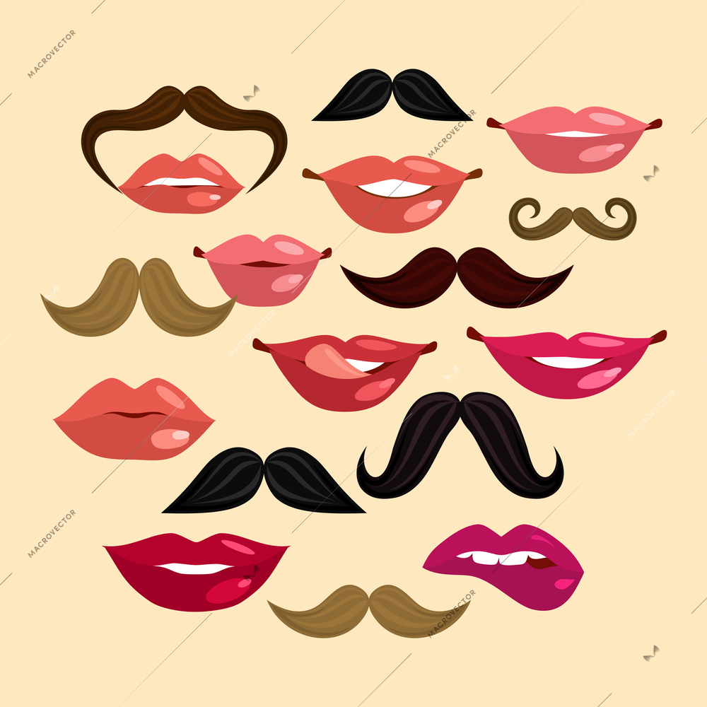 Composition with lips mustache smile female in hipster vintage style vector illustration