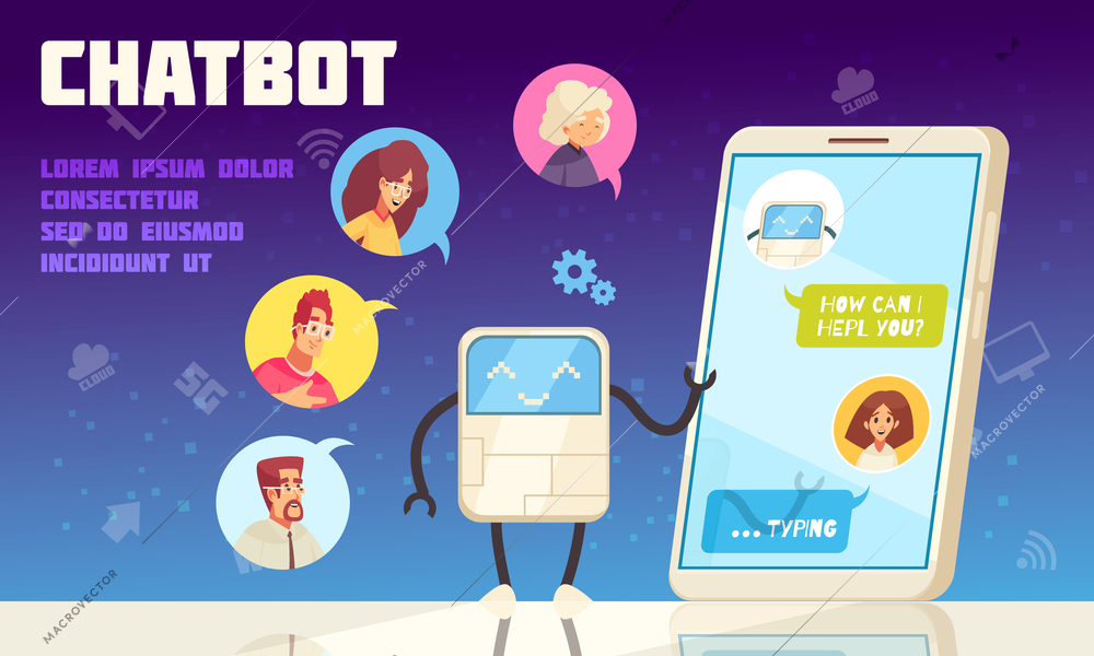 Call center intelligent chatbot improving customer experience flat composition with smartphone screen chatting avatars  advertisement vector illustration