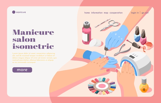 Colored isometric beauty salon landing page with manicure tools and artist painting nails 3d vector illustration