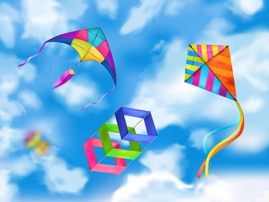 Three colored and realistic kite sky composition flying in the cloudy sky vector illustration