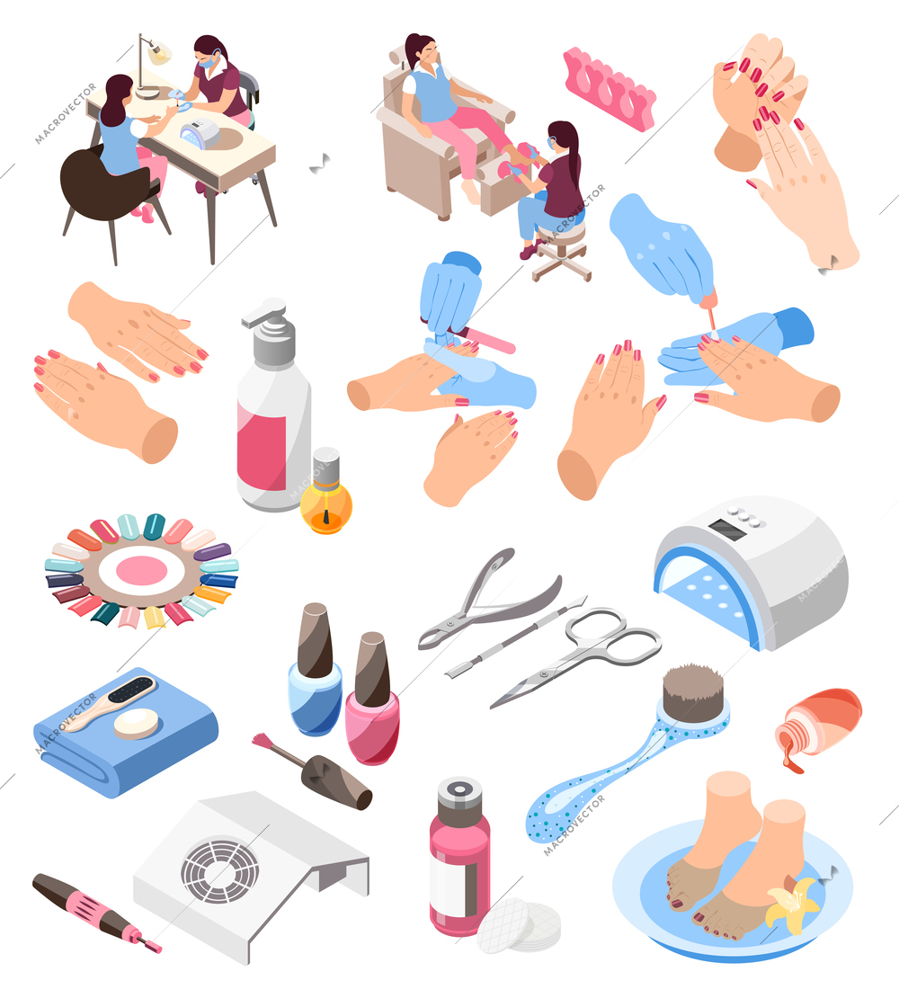 Nail artists their clients and various tools for manicure polish file lamp palette remover 3d isometric icons set isolated vector illustration