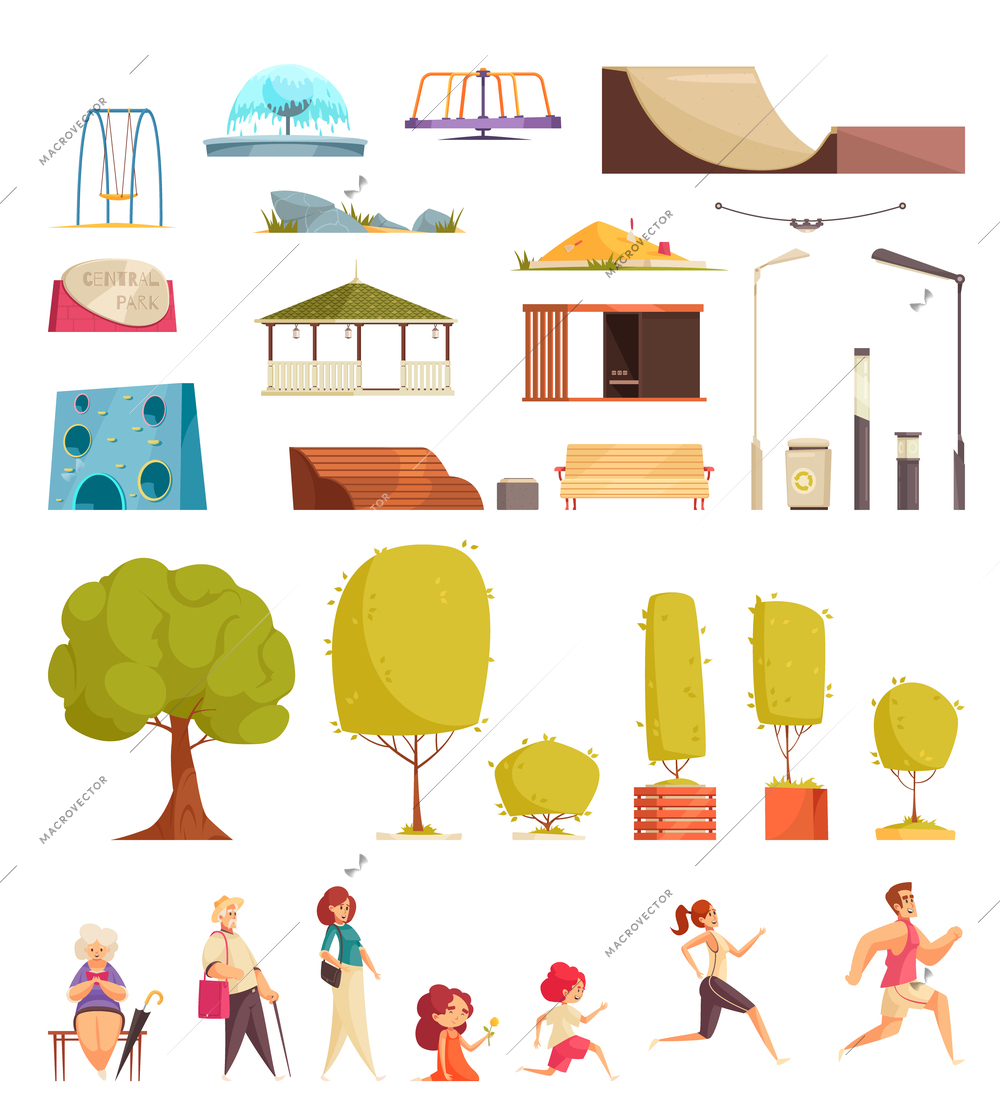 City park flat set with lanterns trees benches skateboarding elements swing runners walking knitting people vector illustration