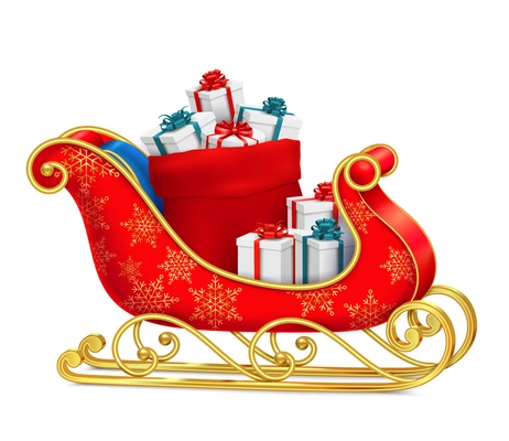 Santa sleigh with gifts composition with realistic images of present boxes on red sled with ornaments vector illustration