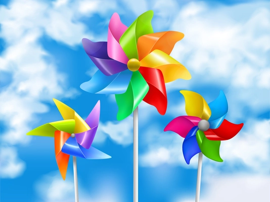 Colored and realistic wind mill toy sky illustration in three sizes and styles vector illustration
