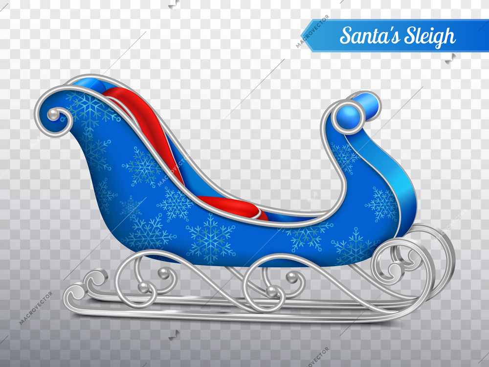 Blue santa sleigh realistic composition with fashionable christmas sled with silver sledge runners on transparent background vector illustration