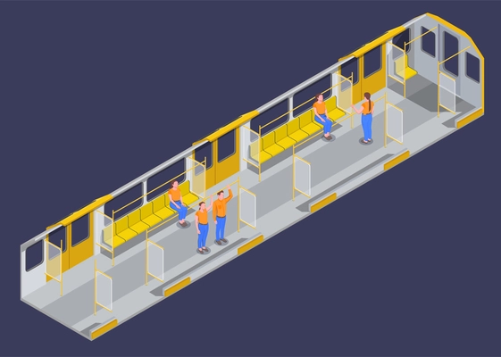 Subway carriage interior with yellow seats and passengers on dark background 3d isometric vector illustration