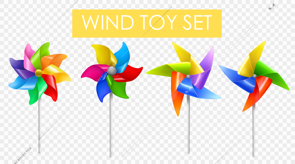 Realistic wind mill toy transparent set realistic with different number of blades vector illustration