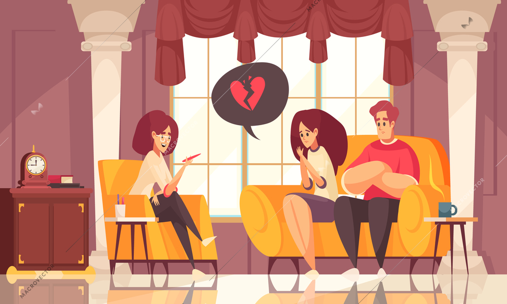 Marriage counselling psychotherapy session with young couple in sexologist office broken heart symbol flat composition vector illustration