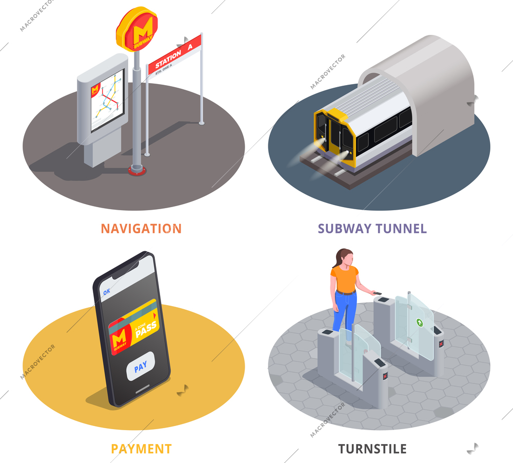 Colored 2x2 design concept with subway tunnel navigation online payment and woman going through turnstile 3d isometric isolated vector illustration