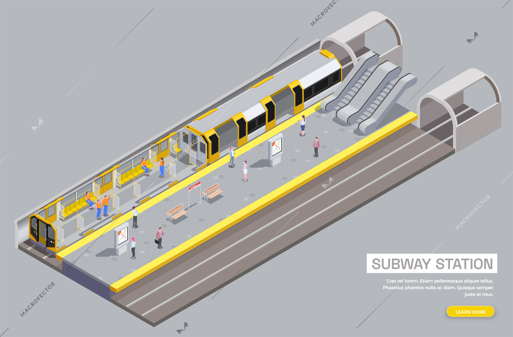 Metro station and carriage interior with escalator seats benches passengers 3d isometric vector illustration