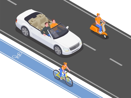 People using personal transport driving and riding on road and cycle lane 3d isometric vector illustration