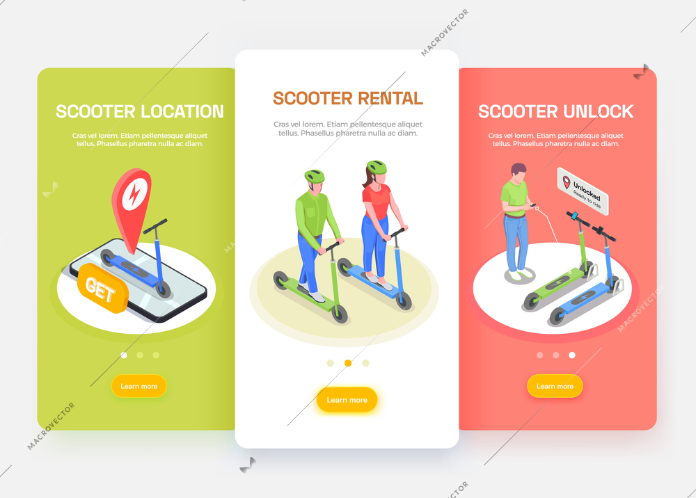 Personal transport isometric banners set with people riding and renting electric scooters 3d isolated vector illustration