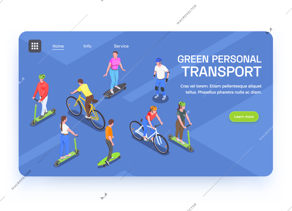 Isometric banner with people using eco friendly personal transport 3d vector illustration