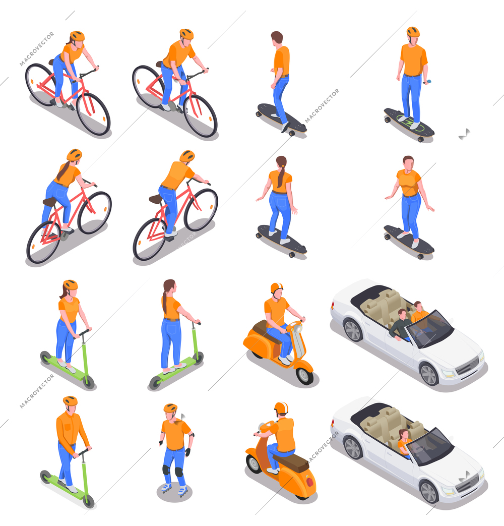 Men and women using various personal transport isometric icons set isolated on white background 3d vector illustration