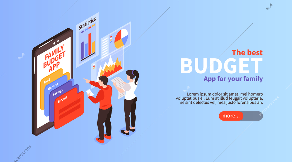 Family budget income distribution planning app info isometric horizontal landing page banner with smartphone screen vector illustration