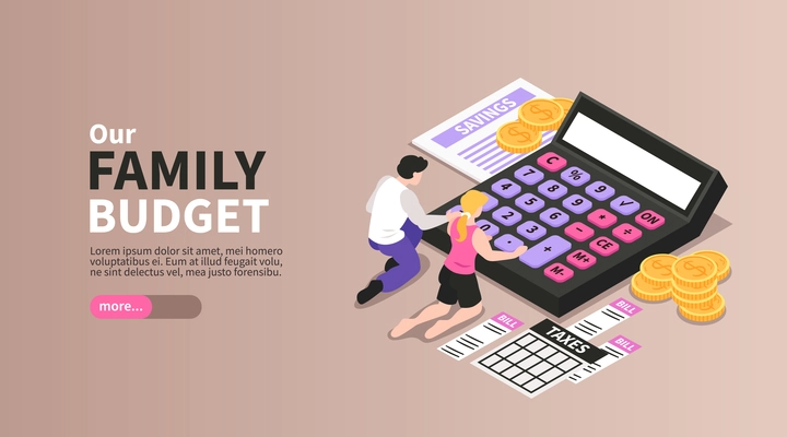 Family budget isometric horizontal landing page banner with couple calculating monthly income taxes savings expenses vector illustration