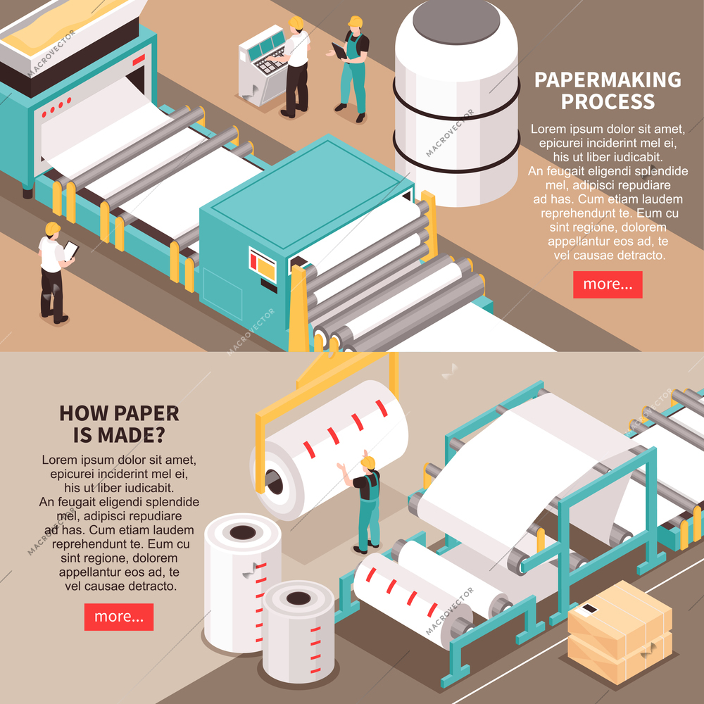 Papermaking material manufacture process 2 horizontal isometric web banners with sheet forming machine info text vector illustration