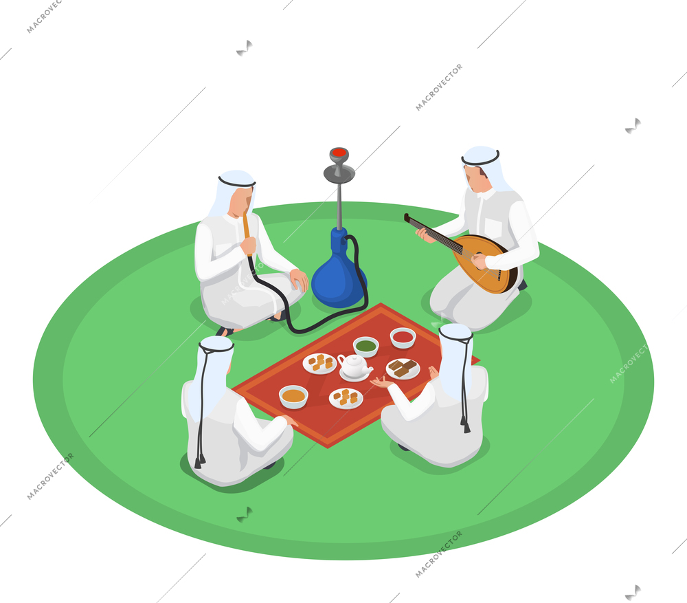 Isometric composition with arab people smoking hookah eating and playing musical instrument 3d vector illustration