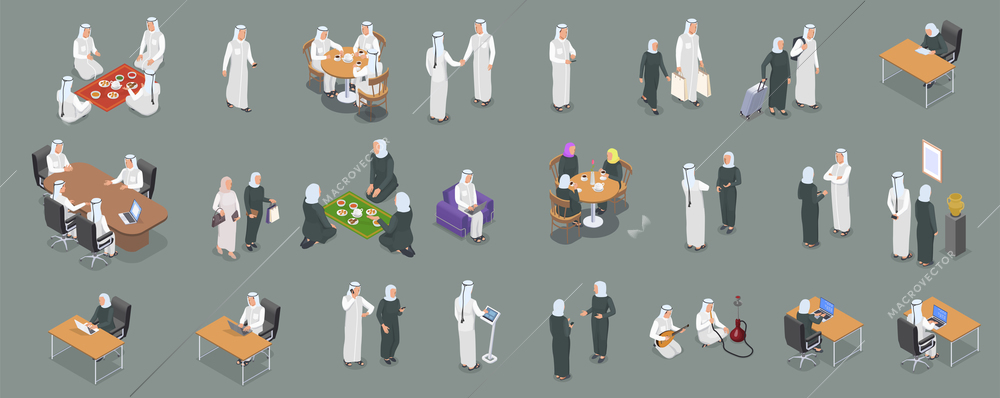 Isometric icons set with arab people working talking on phone having dinner relaxing 3d isolated vector illustration