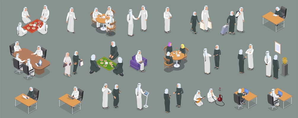 Isometric icons set with arab people working talking on phone having dinner relaxing 3d isolated vector illustration