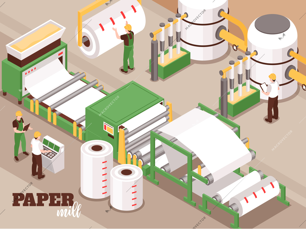 Paper manufacturing automated operator controlled process isometric composition with pulping pressing drying sheet forming machinery vector illustration