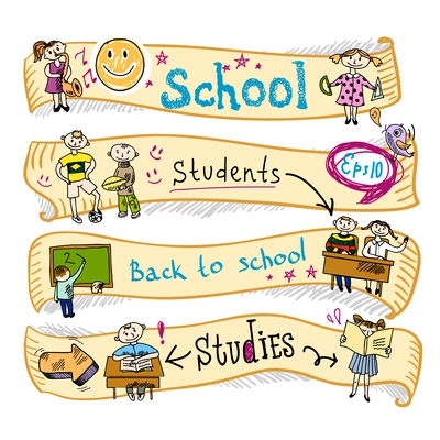 Four  horizontal school kids education earning creative activities wave ribbon banners sketch doodle vector illustration