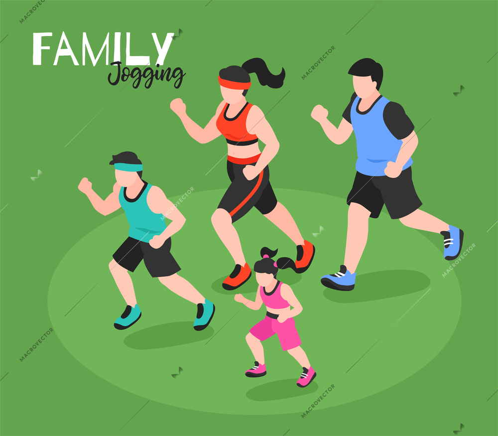 Family free time outdoor activities isometric healthy lifestyle poster with kids and parents jogging together vector illustration