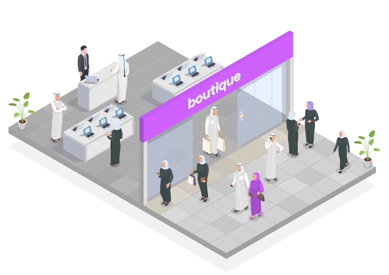 Arab people doing shopping isometric composition 3d vector illustration