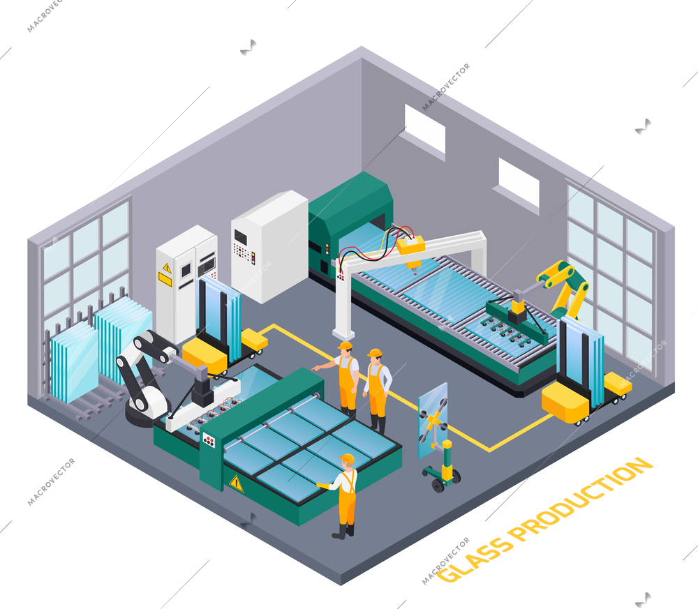 Glass production isometric composition with text and indoor view of glassworks operating department with human workers vector illustration