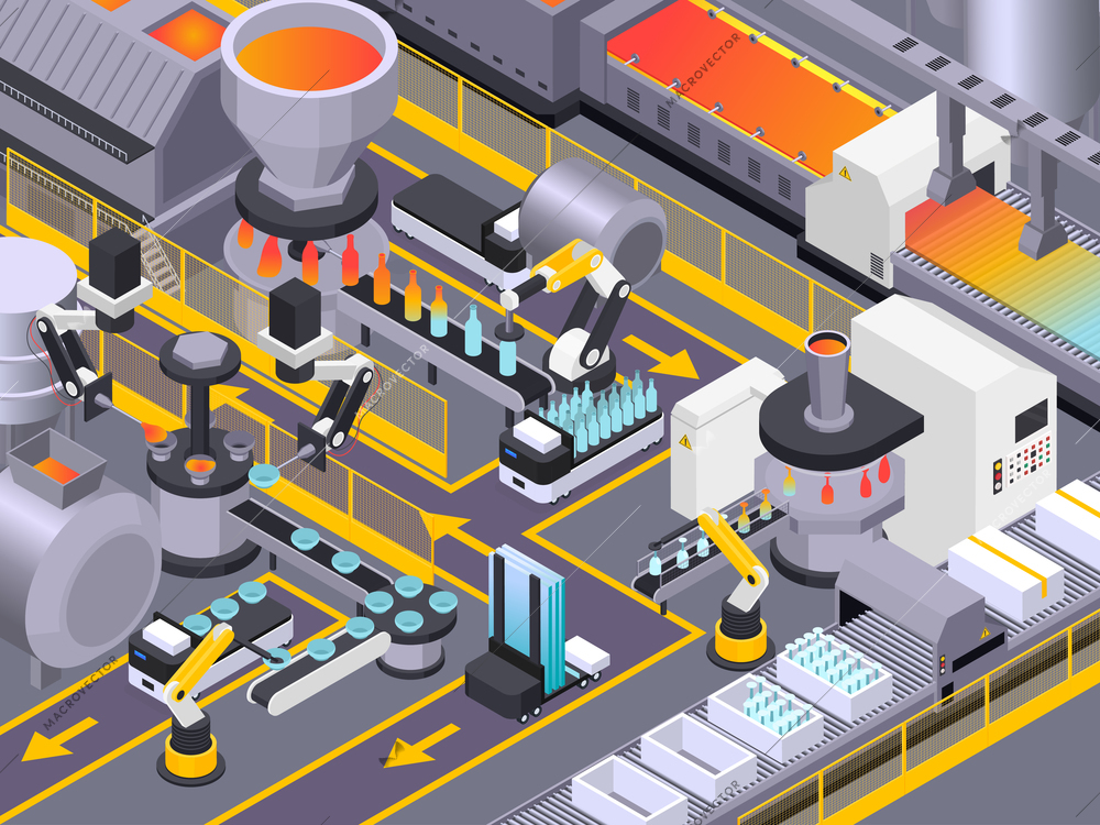 Glass production isometric composition with industrial scenery and automatic conveyors of production machines with raw materials vector illustration