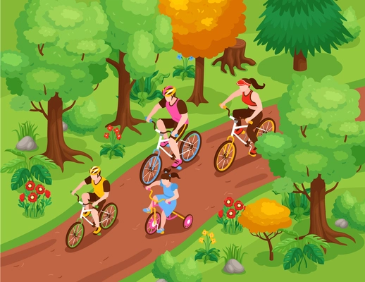 Family fitness isometric background with bicycle riding with parents and children vector illustration