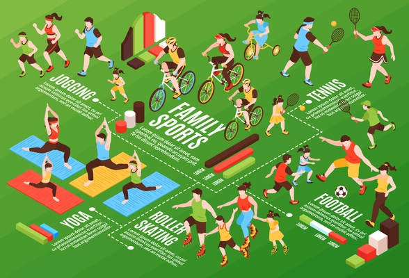 Family fitness isometric flowchart with bicycle jogging and football vector illustration