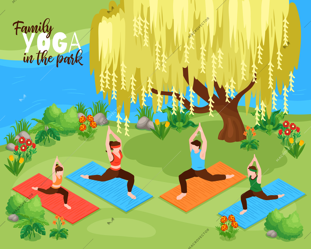 Family yoga isometric background with physical exercise in the park vector illustration