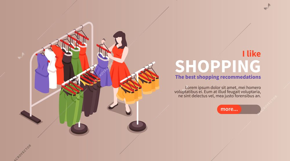 Clothing shopping tips isometric horizontal web landing page banner with buying best figure flattering colors vector illustration