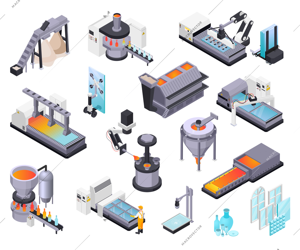 Glass production isometric set with isolated icons of raw materials windows glassware and industrial production units vector illustration