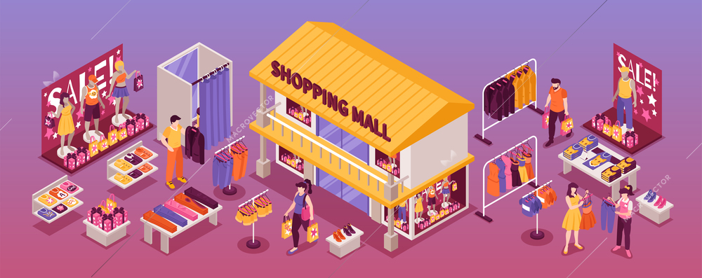 Clothing department store isometric  horizontal composition with shopping mall building fitting room display stands customers vector illustration