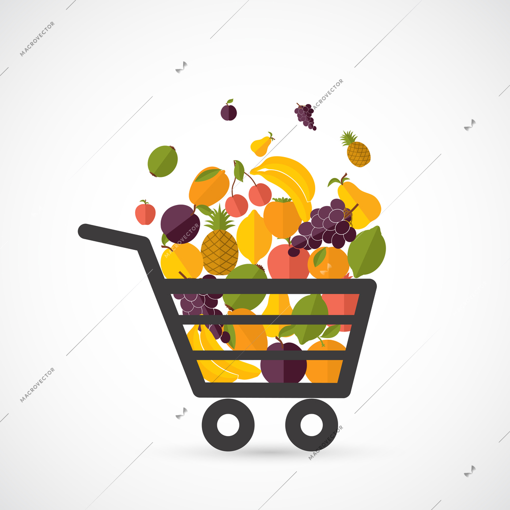 Shopping cart with fresh fruits concept in flat style vector illustration