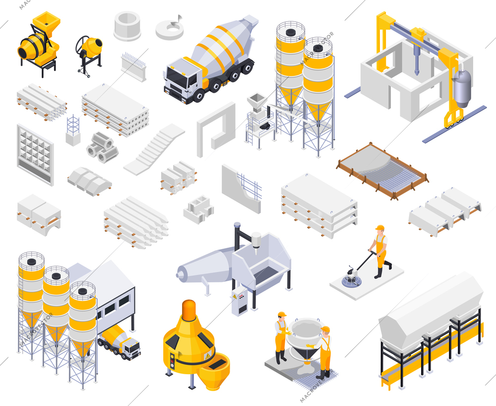 Concrete cement production isometric icons collection with isolated images of goods industrial facilities characters of workers vector illustration