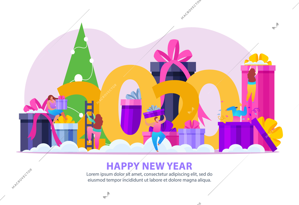 People with gifts flat background with editable text and composition of people presents in festive boxes vector illustration