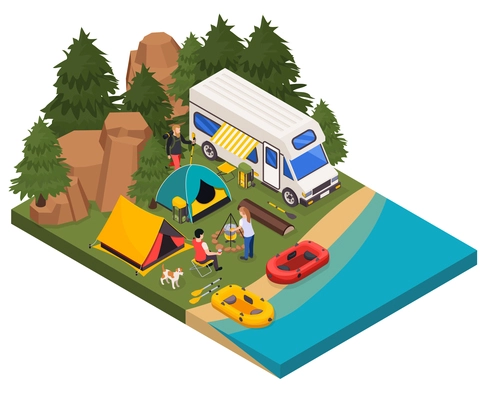 Camping hiking touristic isometric composition with outdoor view of camper van tents and people making campfire vector illustration