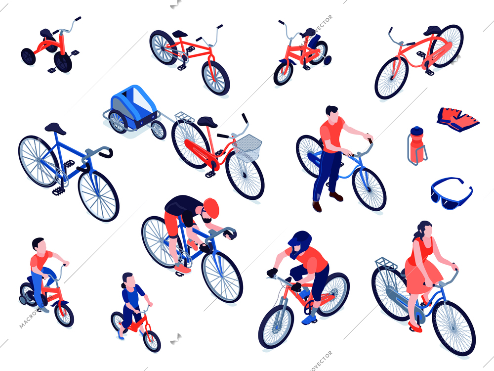 Bicycles isometric icons set with sport mountain city kids bikes trailers for child pet cargo vector illustration