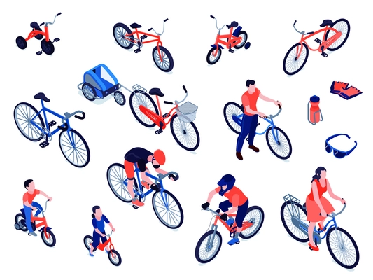 Bicycles isometric icons set with sport mountain city kids bikes trailers for child pet cargo vector illustration