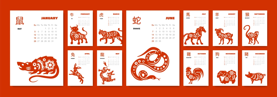 Chinese paper year calendar with zodiac signs in accordance sacred animals of east horoscope vector illustration