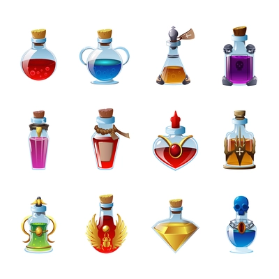 Realistic set of icons with magic potions of different color in various glass bottles isolated on white background vector illustration