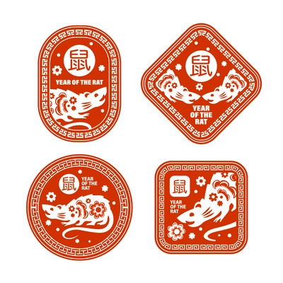 Chinese new year 2020 red emblem set with rat cartoon images and caption year of the rat isolated vector illustration