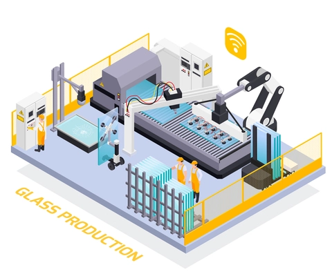 Glass production isometric composition of text and platform with images of remotely controlled intelligent production machine vector illustration