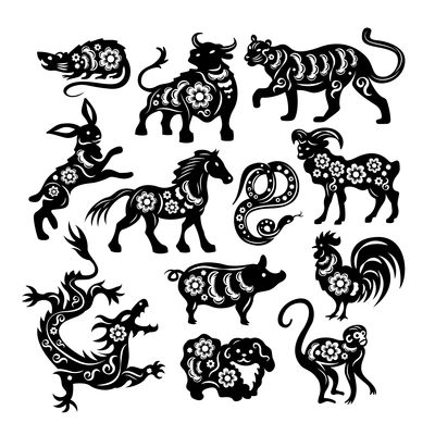 Chinese zodiac figures of sacred animals cutting from black paper set on white background isolated vector illustration